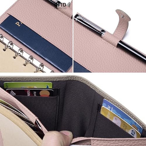 Leather Journal Cover for A7 Planner, Passport Wallet for Travel with 6-Ring Spiral Refillable Notebook and Pen Loop, Small Notebook Cover with Back Pocket - color: Light Pink