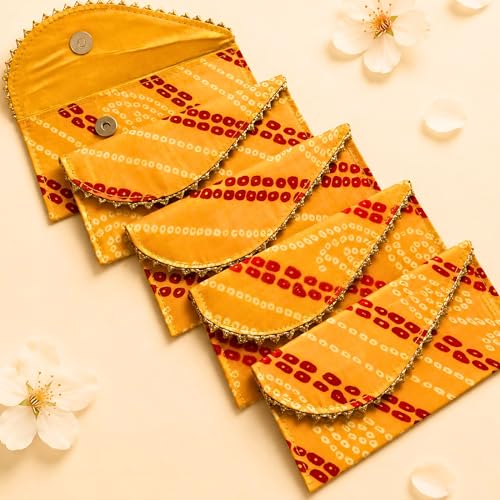 LoveNspire Brocade Fabric Money Envelopes (7.5 x 3.5 Inch) Decorative Bandhani Pattern Shagun Lifafa for Indian Wedding, Birthday | Cash Gift Holder & Home Savings Organizer Yellow/Pack of 20 - color: Bandhini Yellow, size: Pack of 20
