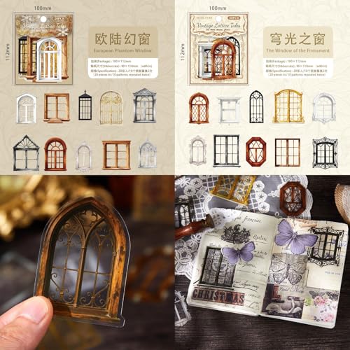 120 Pieces Vintage Window Frame Aesthetic Stickers for Scrapbooking | Waterproof PET Decals for Bullet Journals, Planners, Decorative Cutouts Stickers for Adult DIY Crafts - color: Vintage Lattice Tales