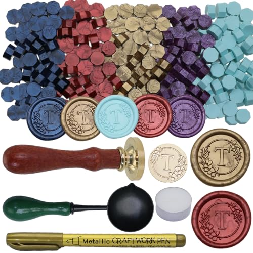 Initial Alphabet T Wax Seal Stamp Set, Retro Letter Sealing Stamp with 150Pcs Sealing Wax Beads in 5 Color, Melt Spoon Pen Kit for Wedding and Christmas (T) - style: T