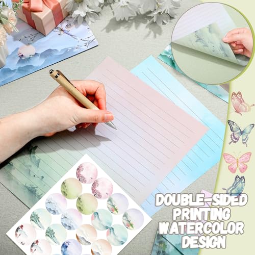 TaoBary 160 Pcs Ink Painting Stationery Paper and Envelopes Set 50 Double Sided Lined Stationery Paper with 50 Matching Envelopes and 60 Round Dot Sticker 8.5 x 11'' Letter Writing Kit, 10design - size: 8.5 x 11 Inch, style: Ink Painting