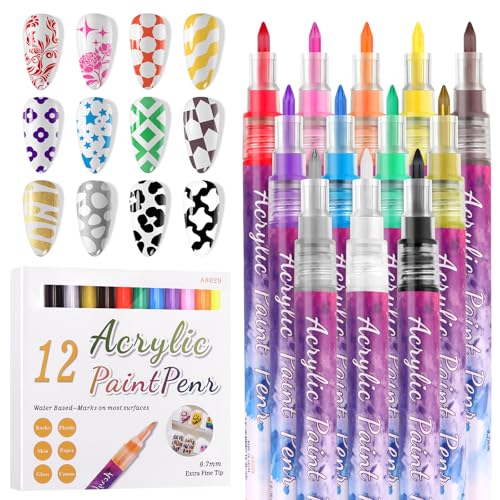 EBANKU 12 Colors Nail Art Pens Set, 3D 0.7MM Graffiti Acrylic Paint Nail Art Quick-Drying Nail Point for DIY Manicure Tools - color: 0.7MM（B)