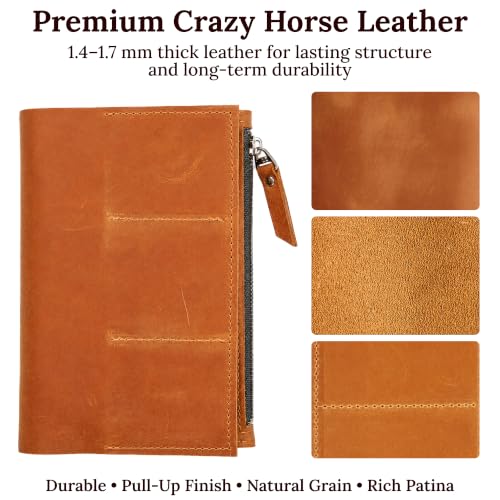 Genuine Leather Journal Insert for Regular Traveler's Notebook (4.1" x 8.3") – Refillable Notebook Organizer with Card Slots & Zipper Pocket, Handmade Leather Planner Accessory, Warm Brown - size: Regular