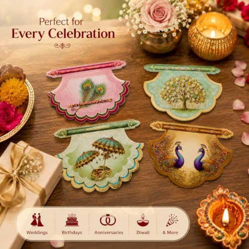 Fan Shaped Gift Envelopes Pack of 4, Decorative Money Envelopes for Wedding, Festival & Birthday Gifting, Elegant Designer Cash Covers with Traditional Pattern
