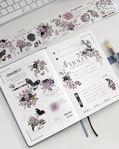 WT Pre-Cut Violet Veil Wide Washi Tape, Single Roll, Soft Lilac Florals & Misty Backgrounds with Script, Decorative Japanese Paper for Journaling, Scrapbooking, Planner, DIY Crafts, 65mm x 5m - color: WT Pre-Cut Violet Veil Wide Washi Tape
