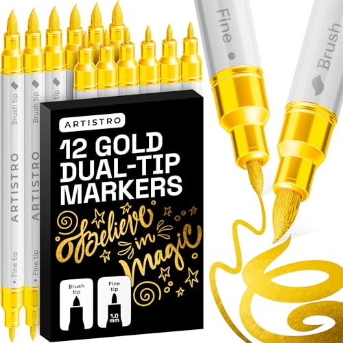 ARTISTRO 12 Gold Dual-Tip Acrylic Paint Marker Pens for Drawing - color: Gold, size: 12