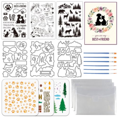 3 Set Funny Animals Clear Stamps Cut Dies Painting Stencils Set - style: Funny Animals