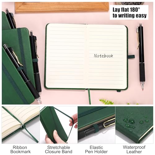 Aodaer 50 Sets Pocket Notebook Journal with Pens, 160 Pages, 3.5 x 5.5 Inch Mini Lined Journal Notebook A6 Leather Hardcover College Ruled Notepad with Pen Holder for School Office Gifts, Dark Green - color: Dark Green