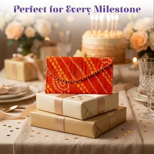 LoveNspire Brocade Fabric Money Envelopes (7.5 x 3.5 Inch) Decorative Bandhani Pattern Shagun Lifafa for Indian Wedding, Birthday | Cash Gift Holder & Home Savings Organizer Orange/Pack of 20 - color: Bandhini Orange, size: Pack of 20