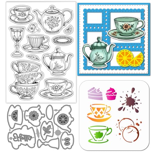 GLOBLELAND Teacup Teapot Cake Clear Stamps Cutting Dies PET Painting Stencils for Card Making Flowers Splatter Texture Silicone Stamp Metal Words Die Cuts PET Paint Stencils for DIY Scrapbooking