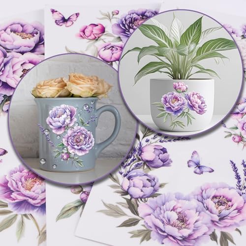 Flowers Rub on Transfer Stickers, 3 Sheets Peony Theme Furniture Transfer Sticker Decals Purple Floral Decals for Crafts Decor Wood Drawer Cabinet Ceramic - color: Purple Peony