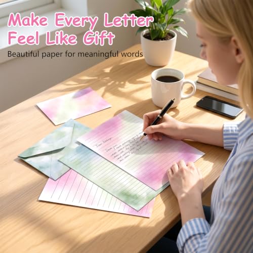 50 Pcs Stationery Paper Envelopes Set (6Style) | Includes 24 Lined Writing Paper & 24 Envelopes with 24 Stickers, Cute Watercolor Letter Writing Stationery Paper Envelopes - color: Watercolor