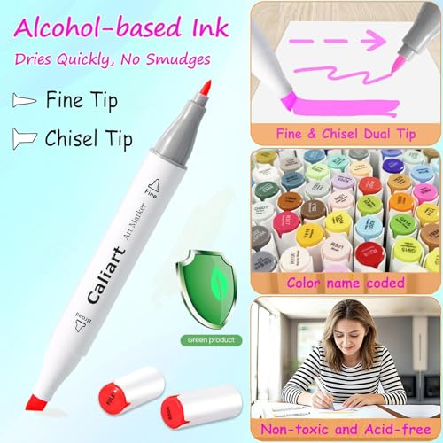 Caliart 81 Colors Alcohol Markers for Adult Coloring Books, Fine & Chisel - style: Fine & Chisel Tip