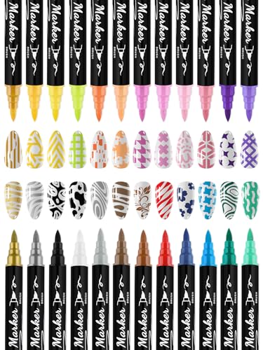 EBANKU 24 Pcs Nail Art Pens Set, Nail Polish Pens Quick-Drying Nail Art Markers Acrylic Paint Nail Point Graffiti Dotting Liner Pen No Squeeze Needed for Christmas Party - color: G