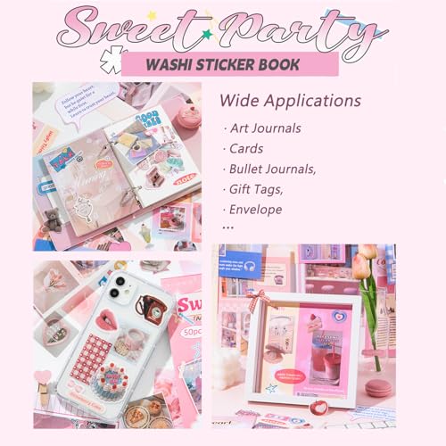 BOMICHI 50 Sheets Washi Sticker Book, 30 Sheets Aesthetics Stickers & 20 Sheets Washi Paper for Journaling Scrapbooking Bullet Journals Planners Letter Card Making - style: Sweet Party