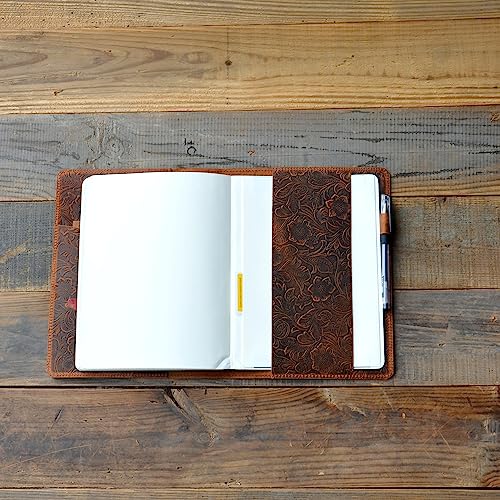 JJNUSA Leather Cover Compatible With Moleskine XXL 8.5" x 11", Notebook Travel Journal Cover Distressed Leather Cahier Refillable Writing Diary Flower Brown