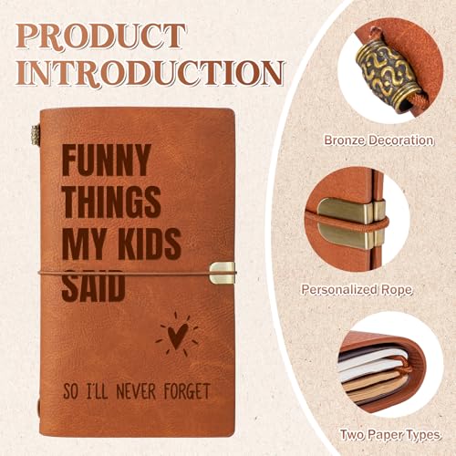 New Mom Gifts - Brown “Funny Things My Kids Said” Leather Journal with Pen - color: Brown