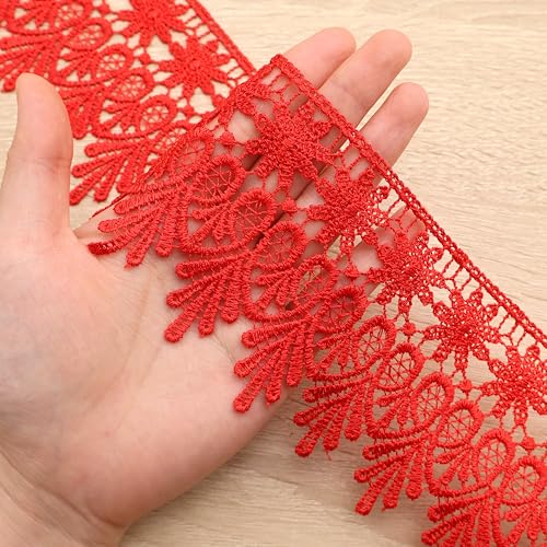 GXTIZAS Red Lace Ribbon 3.2Inch Wide Lace Trim for Sewing | scalloped embroidery for vintage weddings, costumes, pillows, curtains, gift décor and romantic DIY creations Crafts - color: Red