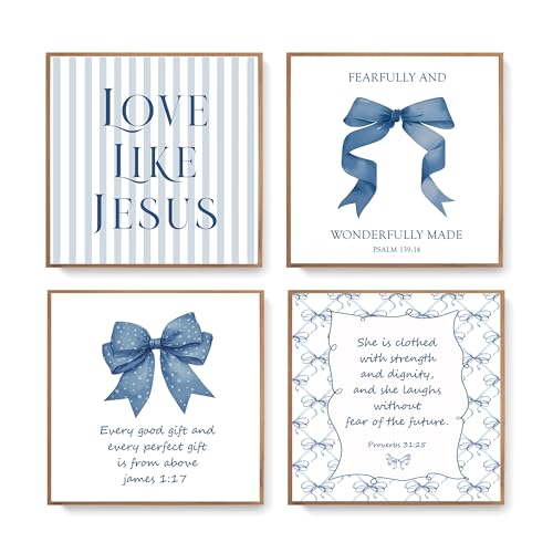 LARTSFRO Coquette Navy Blue Bow Jesus Wall Art Decor Posters, Blue Bow Christian Room Bedroom Bathroom Wall Art Decor Aesthetic for Teen Girls College Gifts, Inspirational Bible Verses Bow Wall Decor, 10x10 Inch Set of 4 Bow Pictures(UNFRAMED) - color: na