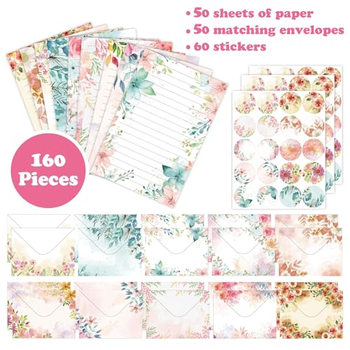 160 Packs Stationery Paper and Envelopes Set 10 Different Designs, 50 One Sided Stationery Writing Papers with 50 Matching Envelopes and 60 Round Dot Sticker, 5.5 x 8.25 Inch (Flower) - style: Flower