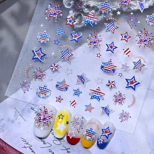 3 Pcs 4th of July Nail Stickers for Nail Art 3D Self Adhesive Independence Day Nail Art Stickers American Flag Star Fireworks Nail Decals Fourth of July Design Sticker Holiday Manicure Decor for Women - style: stars fireworks