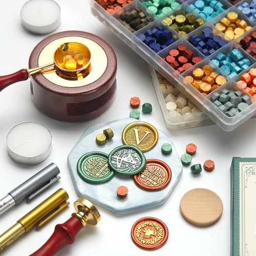 Wax Seal Beads Kit 48 Colors Metallic Gold & Deep Series 1200 Sealing Beads with Wax Seal Warmer, Spoon & Holder, Stirring for Wedding Invitation Letter Envelopes Wine Bottle Sealing Decor - color: Gold & Deep