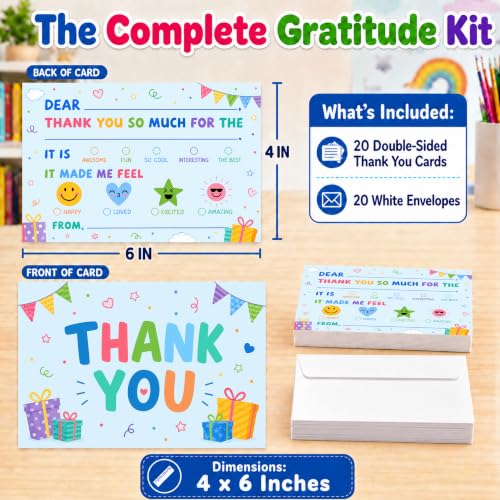Blue Thank You Card For Kids, 20 Pack Thank You Notes Cards With Envelopes, Fill In The Blank Colorful Birthday Party Greeting Cards, Baby Shower Party Decor Decorations, 01 - color: Blue