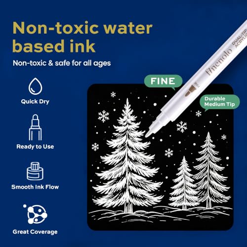 finenolo 8 Pack White Acrylic Paint Markers, Dual Tip Paint Pens with Dot & Fine Tips for Rock, Wood, Glass, Fabric, Plastic, Ceramic, DIY Crafts, Art Supplies