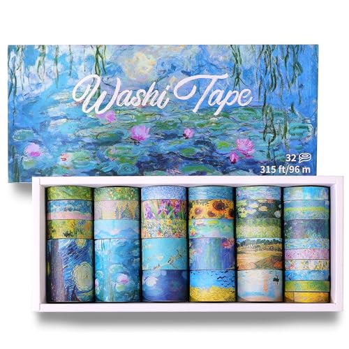 PAGEMORE 32 Rolls Washi Tape Set, Colored Van Gogh Patterns Decorative Masking Tape, Vintage Artists Tapes for Journaling, Junk Journal, DIY Craft Projects, Scrapbooking Supplies Decor - color: Oil painting