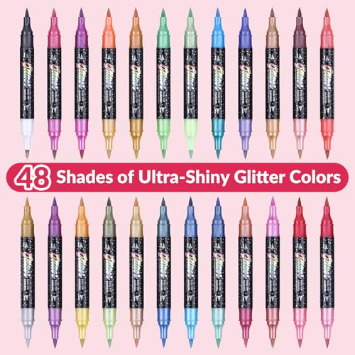 KEMYR 48 Colors 24 Pack Dual Tip Glitter Marker Pens for Adult Coloring - color: 24Pack 48Colors