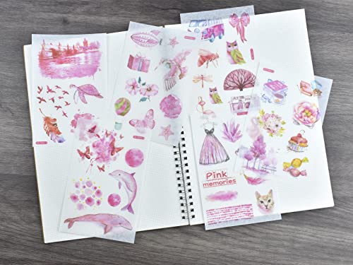 12 Sheets Kawaii Washi Sticker Set Pink Color Animal Flower Butterfly Whale Sea Turtle Bird Dress Accessories DIY Label for Scrapbooking Card Making Gift Wrapping Art Craft Planner Journal - color: N