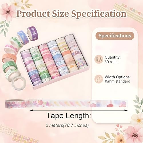 60 Rolls Washi Tape Set, 15mm, Colorful Craft Tape for Junk Journal Scrapbook, Bullet Journaling Scrapbooking Supplies, Planner Sticker DIY Craft Decor - color: Colorful