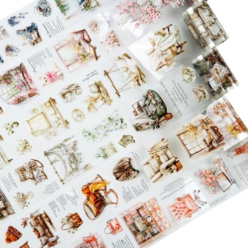 6 Rolls Pre-Cut Cozy Home PET Tape for Scrapbook Journaling | Sofas, beds, windows and reading corners with floral accents; transparent and water-resistant for collages and crafts - style: Cozy Home