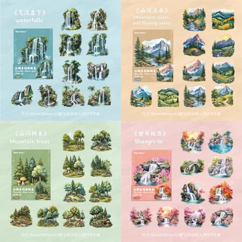 80 Pieces Vintage Natural Landscape PET Sticker Set for Scrapbooking | Mountain, Waterfall and Forest Stickers for Journaling, Waterproof DIY Crafts, and Junk Journal Supplies (4 Pack) - color: Mountain Stream Series