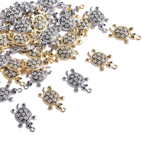 stino 40/50 Pieces Rhinestone Charms, Turtle Heart Bow Cross & Rhombus Jewelry Making Supplies, Silver & Gold Plated Crystal Pendants - style: Turtle (40PCs)
