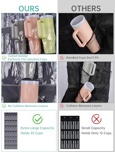 NiHome 35-Pocket Door Hanging Cup Organizer Fit for Stanley Tumbler 30 40oz | Large Capacity Over the Door Water Bottle Storage with Nano Tape, Waterproof Oxford Fabric, U-Shaped Handle Slots (Dark Gray) - color: Dark Gray (Upgraded), size: 75.2'' x 24.4"