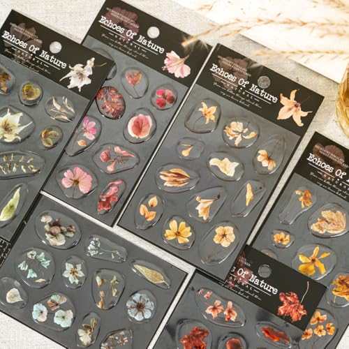 66 Pcs 3D Epoxy Dried Flower Stickers for Scrapbooking | Crystal Clear Amber-Like Resin Botanical, Raised Glossy Specimens for Junk Journaling, Card Making and DIY Art - color: The Echoes of Nature