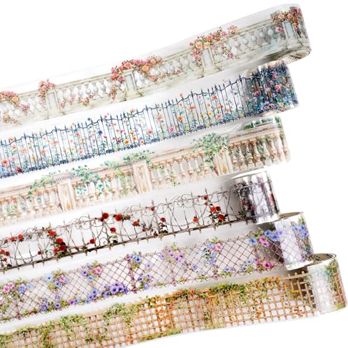 Floral Trellis PET Tape Set - 6 Rolls of Seamless Vintage Balcony & Vine Designs with 1 Metal Clip, Self-Adhesive Waterproof Decorative Tapes for Scrapbook Journal and DIY Décor - style: Flowering Vines