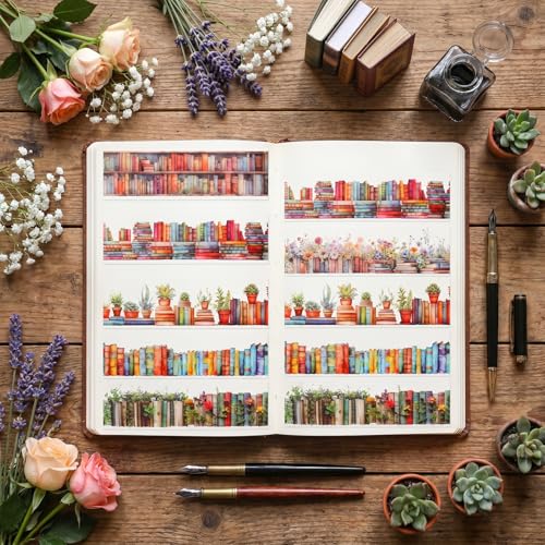 6 Rolls Book-Themed PET Tape, PET Tape Stickers for Journaling, Library and Nature-Inspired Floral washi Stickers Book Journal Supplies for DIY Crafts, Gift Wrapping, Scrapbooking and Journaling - style: Books