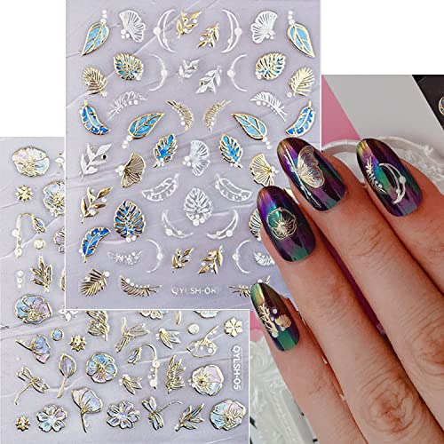 20 Sheet 5D Embossed Nail Art Stickers,Luxury Gold Silver Nail Decals Self-Adhesive Metallic Leaves Flower Butterfly French Nail Stripe Line Stickers for Women Salon Home DIY Nail Supplies - color: 20 Sheets Gold Silver Nail Stickers