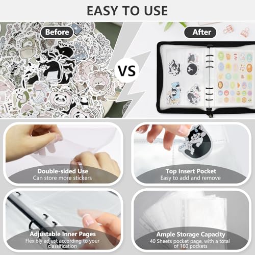 A5 Sticker Storage Organizer Binder Collecting Book Album, Black - color: black