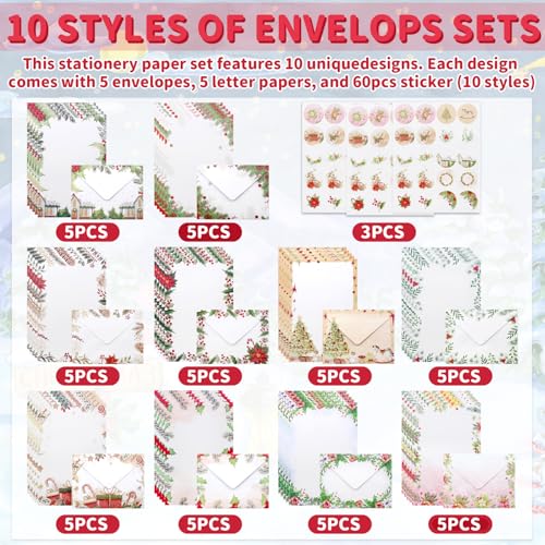160 Pcs Stationery Paper Set Including 50 Matching Envelopes 50 One Sided Stationery Writing Papers 60 Round Dot Sticker for School Office Supplies,10 Design, 5.5 x 8.25 Inch(Christmas) - style: Christmas