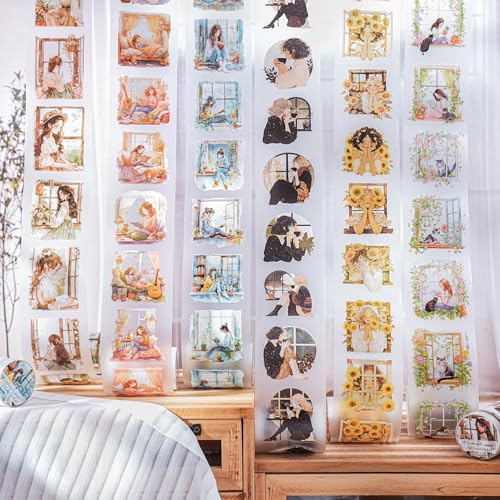 Alideco 6pcs Decorative Adhesive Tapes Vintage The Girl on the Sill PET Tape Great for Bullet Journal Supplies, Arts, Scrapbook, DIY Crafts, Planners (zhoumodechuangtai) - color: zhoumodechuangtai