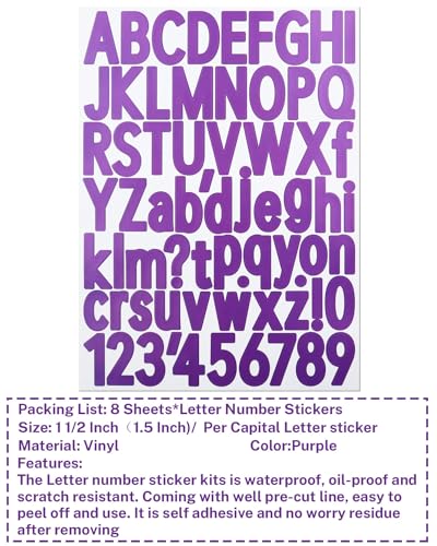 1.5 Inch Letter Stickers, Self-Adhesive Number Stickers - 8 Sheets Purple - color: Purple