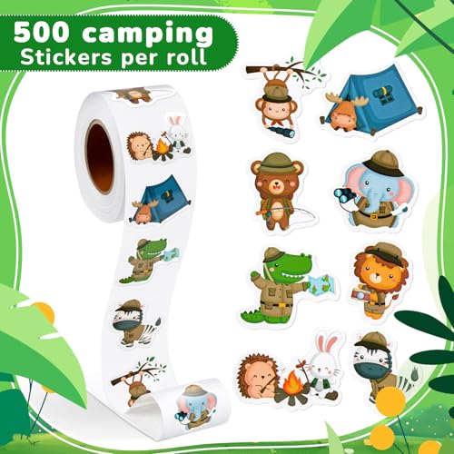 Qeeenar 500 Pcs Camping Animal Stickers for Kids Roll, Pet Reward Teacher | Cute Bear Elephant Lion Designs, Bulk Classroom Rewards, Easy Peel Motivational, Party Favor Supplies, Zoo Theme - style: Camping Animal