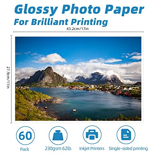 Uinkit 11 x 17 Thick Photo Paper Glossy 11x17 60Sheets 62lb Inkjet Heavyweight 230gsm Gallery show Brochure Pictures Funeral Bulletin Obituary Papers Obituaries Gloss Papers - size: 11"x17"x60