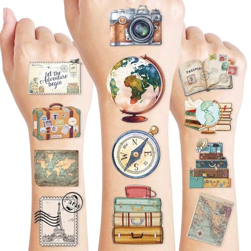 8 Sheets (96PCS) Travel Tattoo Stickers Map Theme | Birthday Adventure Awaits Party Decorations, Favors Supplies for Kids Gifts, Classroom School Prizes Rewards