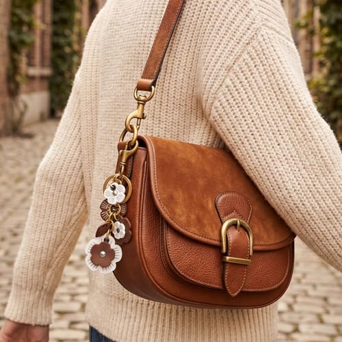 Angyape Flower Bag Charms for Women Purse Charms for Handbags Leather Flower Keychain Retro Aesthetic Keychain Accessories - color: A:brown