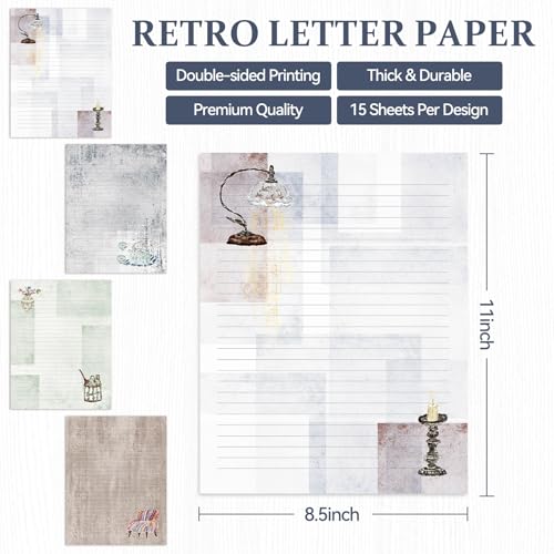 60 Writing Stationery Paper, Lined Stationery Paper for Writing Letter, Double Sided Vintage Letter Paper with Lines,100 GSM, 8.5x11 Inch, 4 Unique Design (Vintage) - style: Vintage