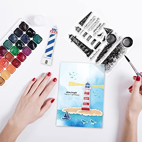 INFUNLY Lighthouse Stamps and Dies for Card Making Metal Cutting Die and Stamping Set Word Seagull Rubber Clear Stamping Christmas Thanksgiving Gifts for DIY Craft Scrapbooking Decor - color: Lighthouse Stamps and Dies
